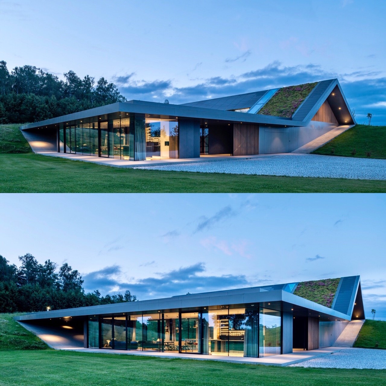 Yeşil çatılı villa çevresiyle bütünleşiyor
