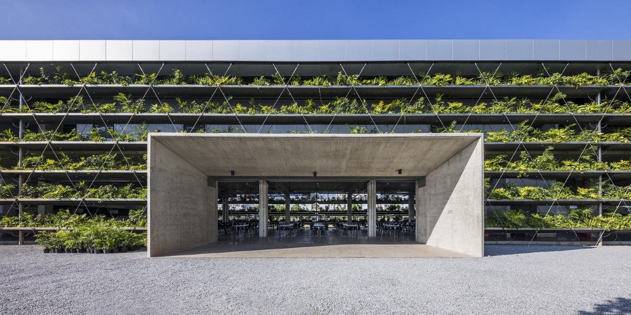 Asma bahçeli yeşil fabrika binası